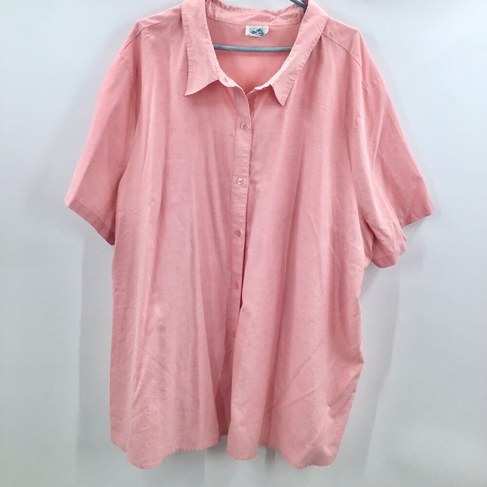 Women's 4X Button Down Shirt Pink Oxford Cotton Blend Short Sleeve Straight Hem